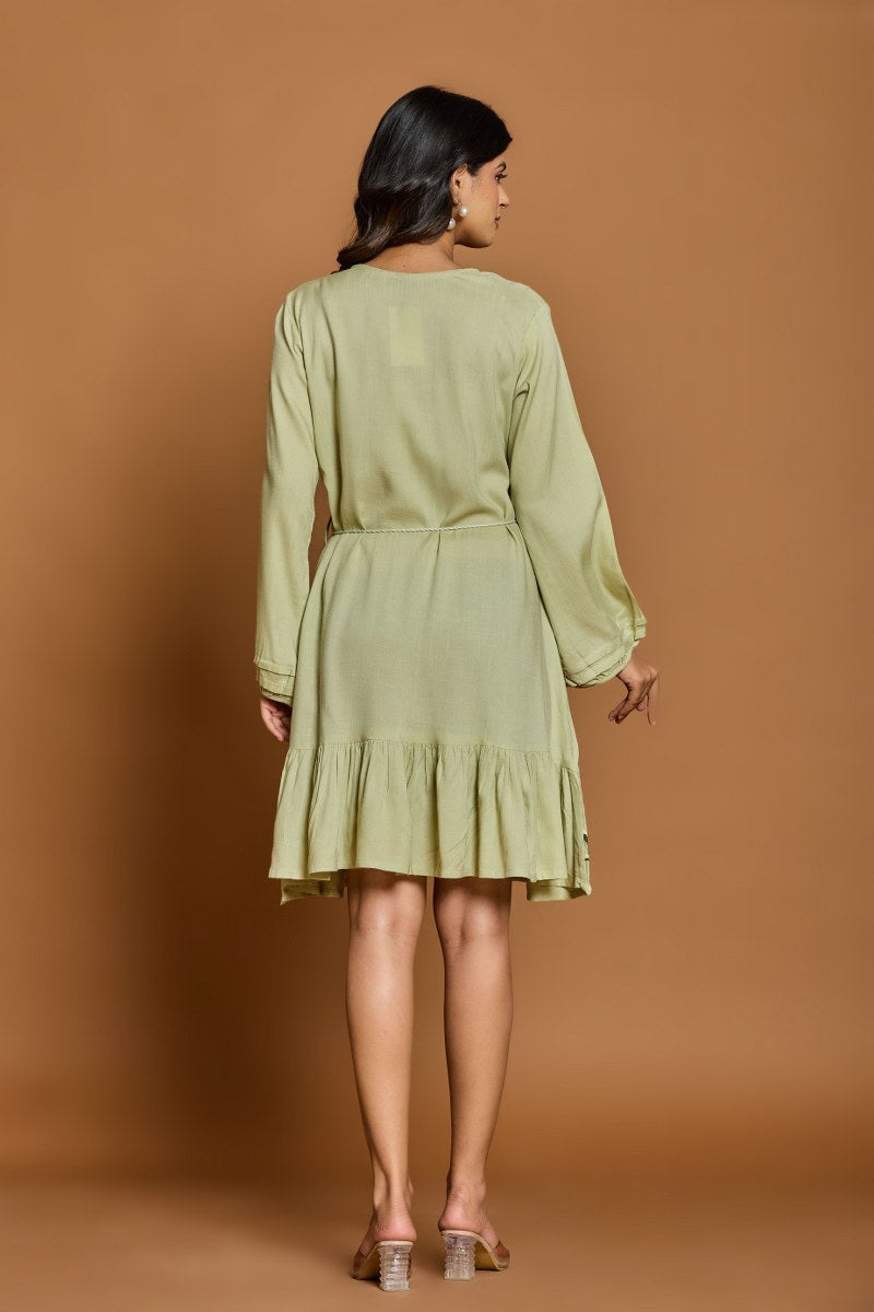 Olive Green Floral Embroidered A-Line Short Dress