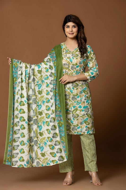 Floral Printed Cotton Kurta Set with Dupatta – Green & Blue Tones