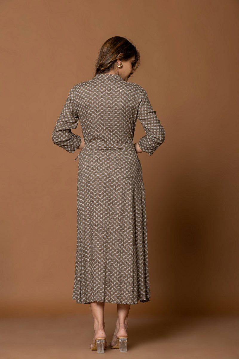 Women's Brown Printed Belted A-Line Midi Dress