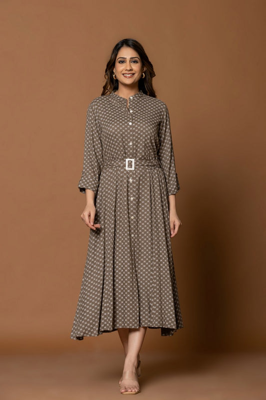 Women's Brown Printed Belted A-Line Midi Dress