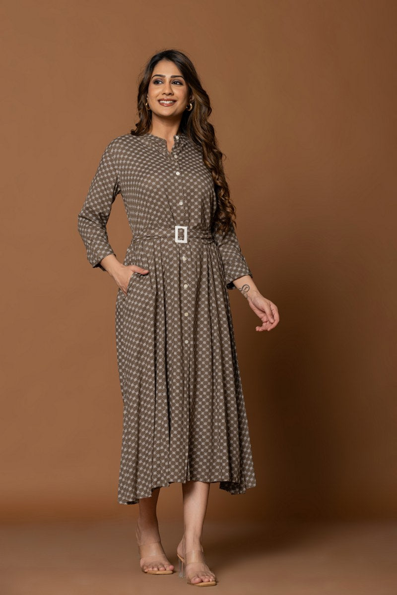 Women's Brown Printed Belted A-Line Midi Dress