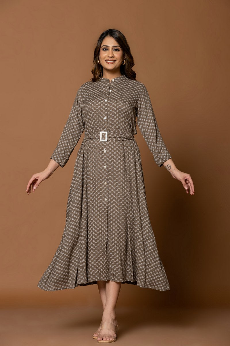 Women's Brown Printed Belted A-Line Midi Dress