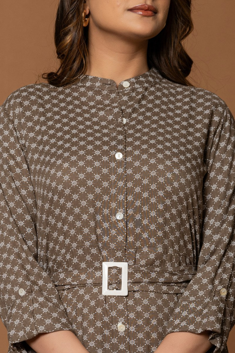 Women's Brown Printed Belted A-Line Midi Dress
