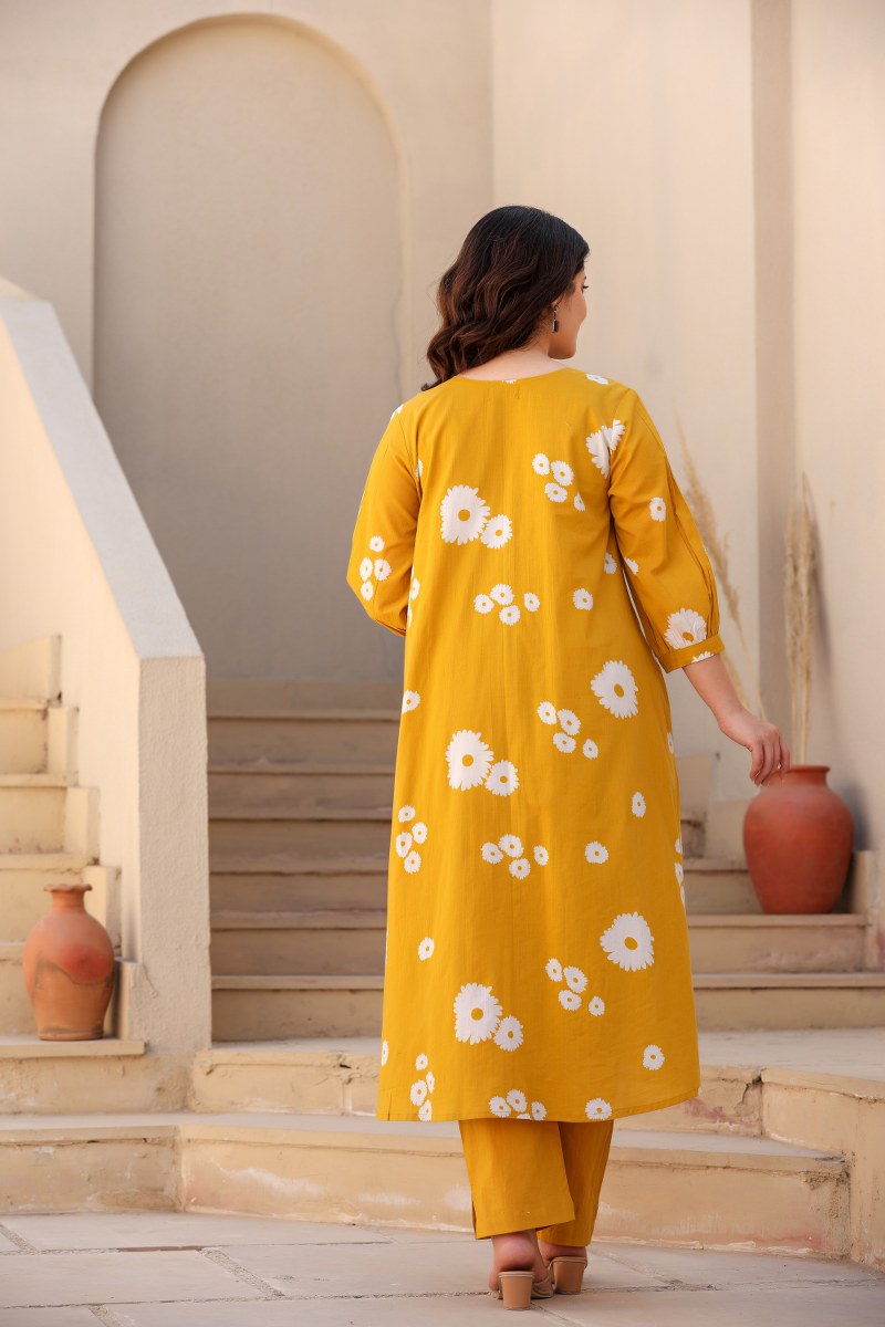 Mustard Yellow Floral Printed Cotton Cord Set for Women