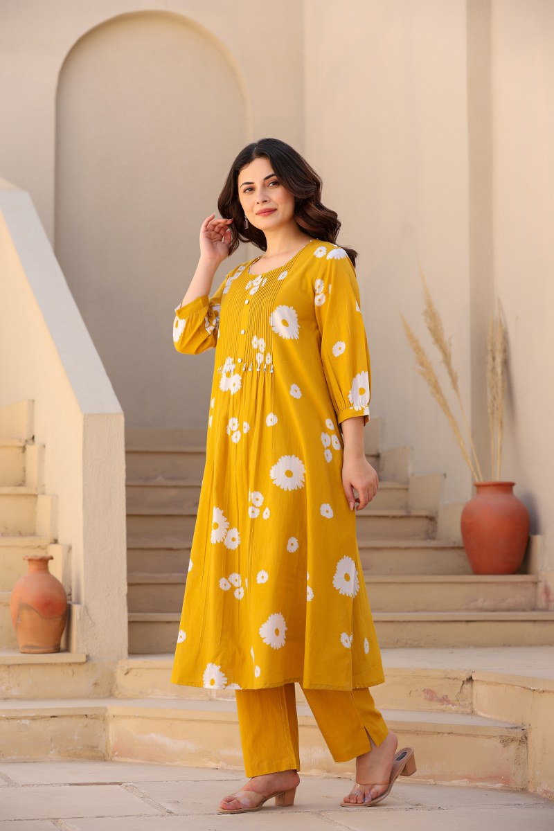 Mustard Yellow Floral Printed Cotton Cord Set for Women