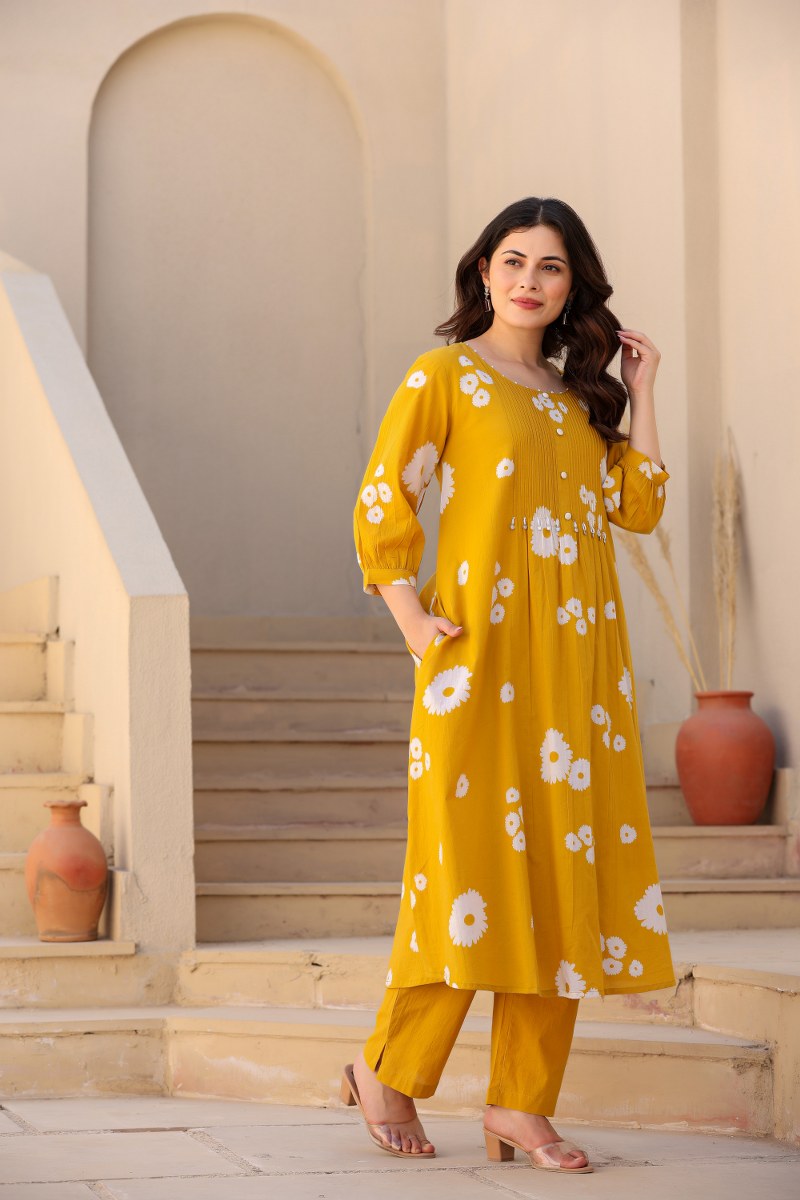 Mustard Yellow Floral Printed Cotton Cord Set for Women