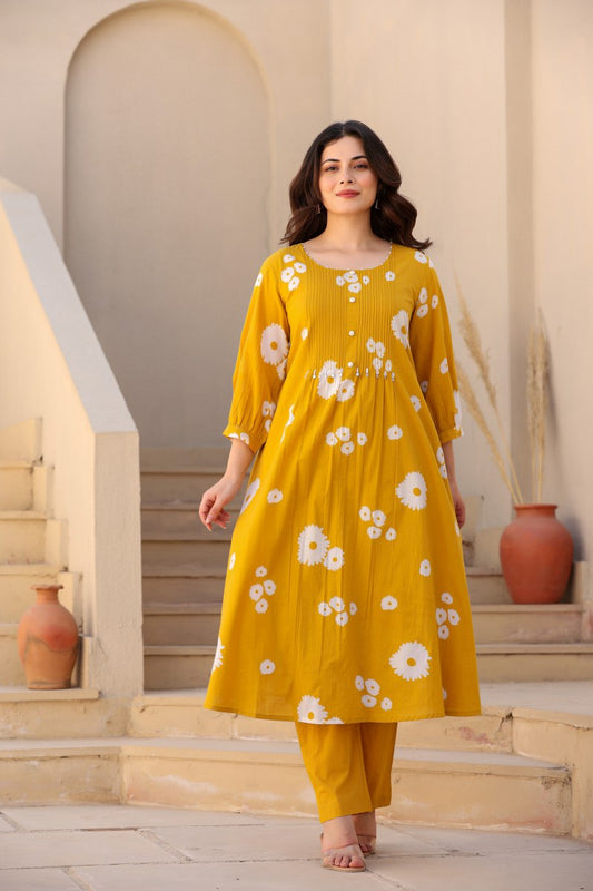 Mustard Yellow Floral Printed Cotton Cord Set for Women