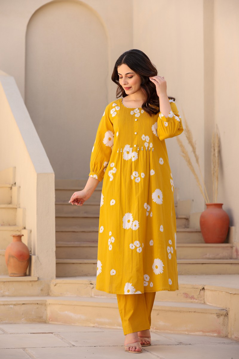 Mustard Yellow Floral Printed Cotton Cord Set for Women