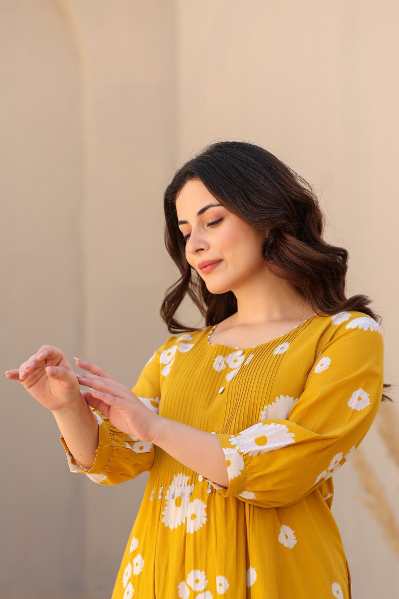Mustard Yellow Floral Printed Cotton Cord Set for Women