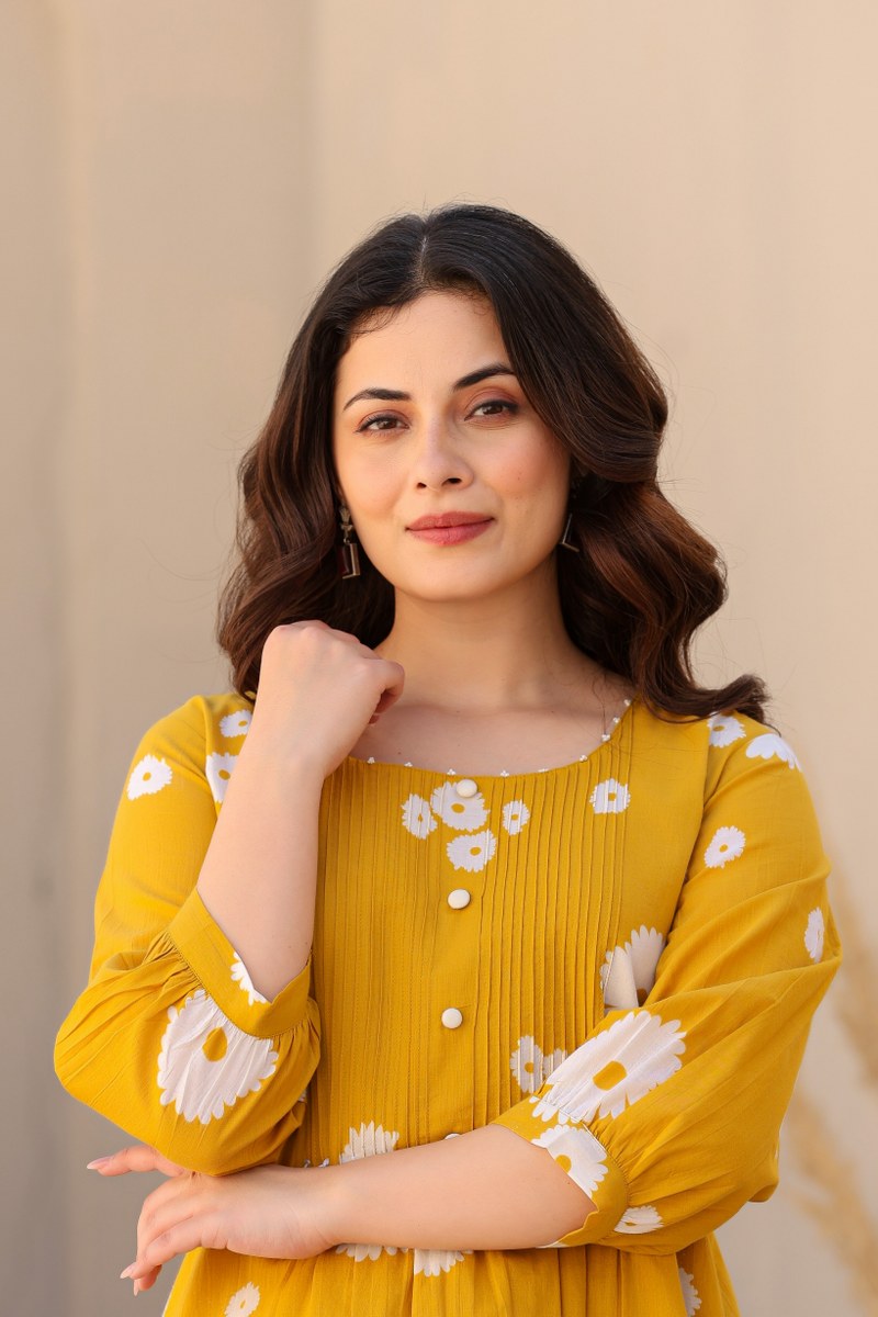 Mustard Yellow Floral Printed Cotton Cord Set for Women
