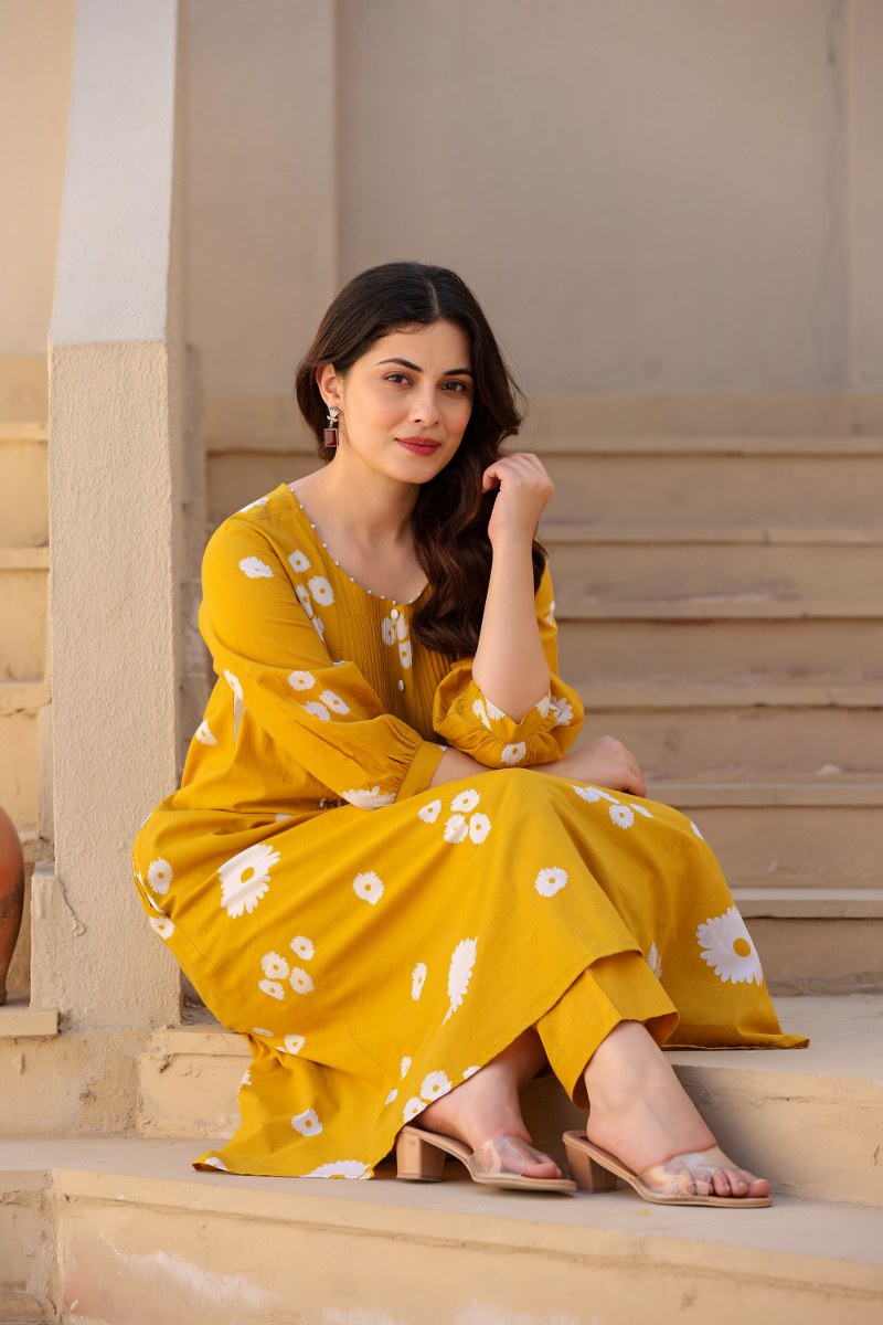 Mustard Yellow Floral Printed Cotton Cord Set for Women