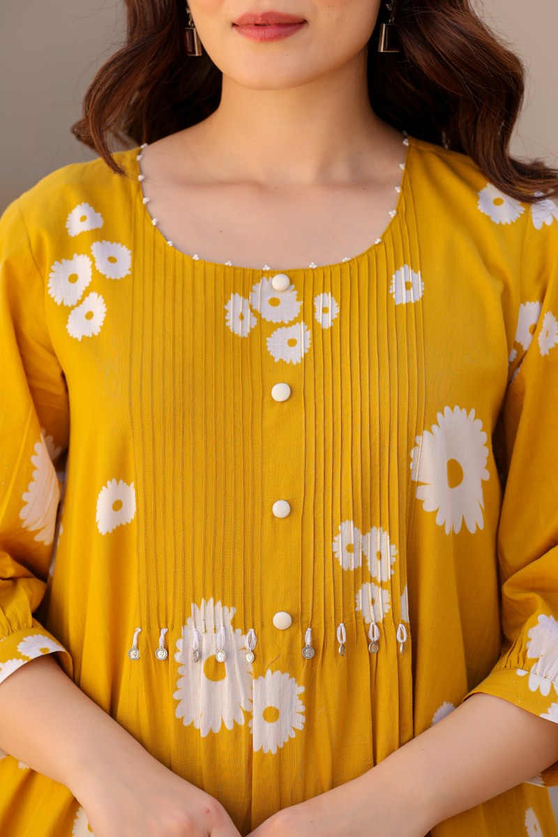 Mustard Yellow Floral Printed Cotton Cord Set for Women