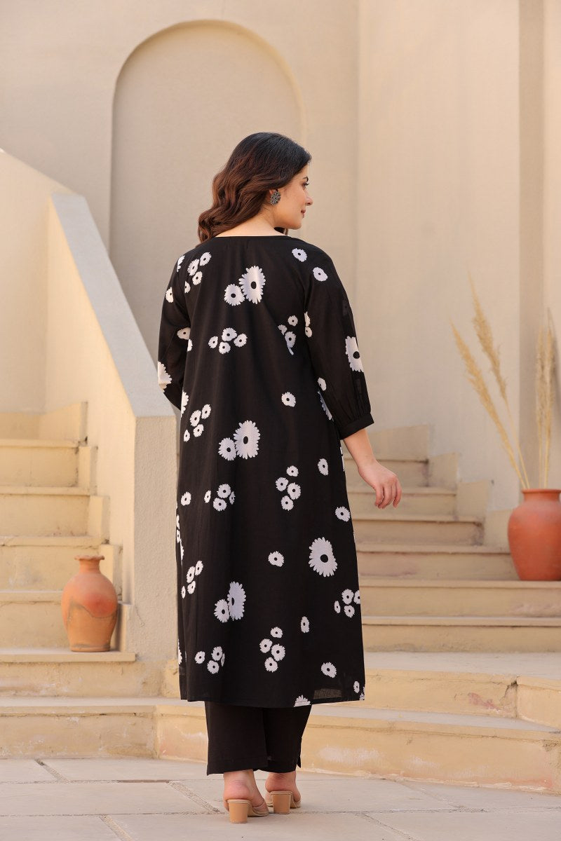 Black Floral Printed Cotton Cord Set for Women