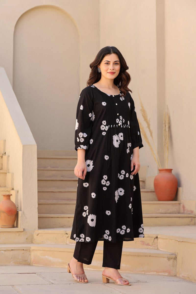 Black Floral Printed Cotton Cord Set for Women