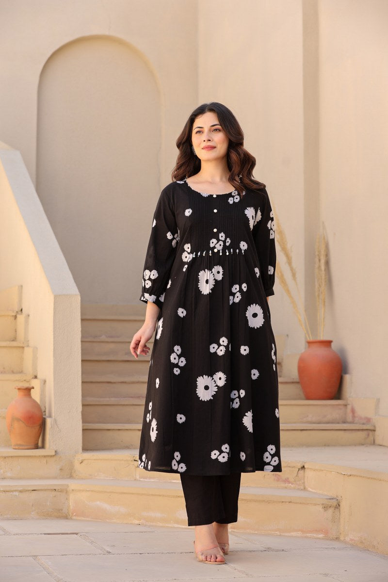 Black Floral Printed Cotton Cord Set for Women