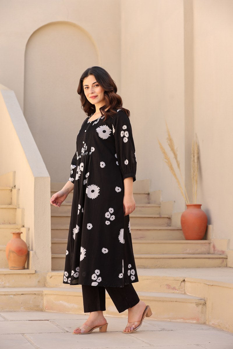 Black Floral Printed Cotton Cord Set for Women