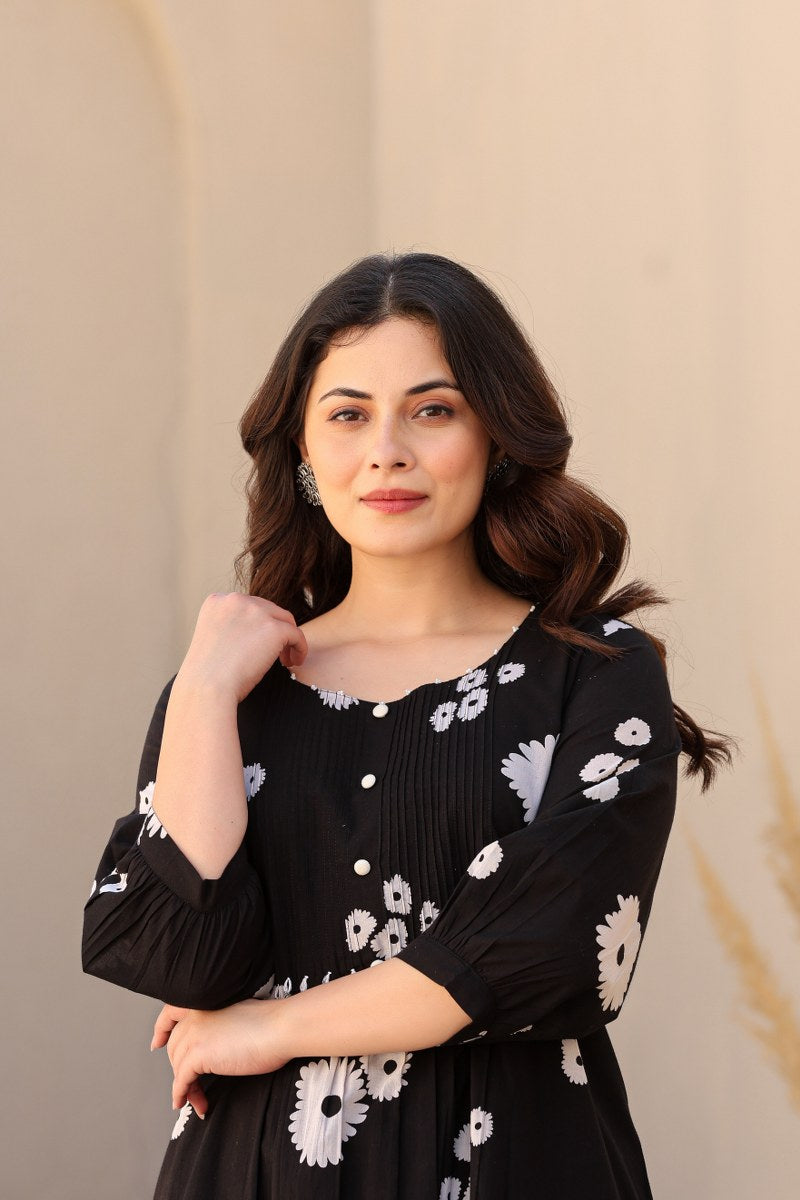Black Floral Printed Cotton Cord Set for Women