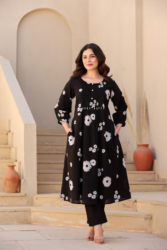 Black Floral Printed Cotton Cord Set for Women