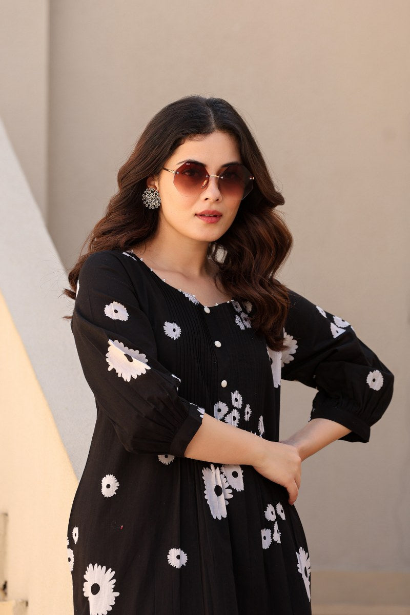 Black Floral Printed Cotton Cord Set for Women