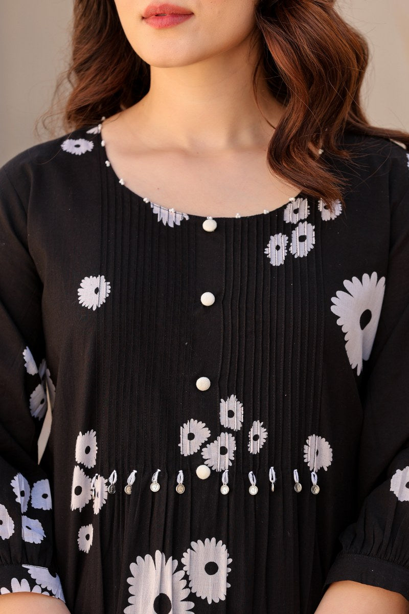 Black Floral Printed Cotton Cord Set for Women