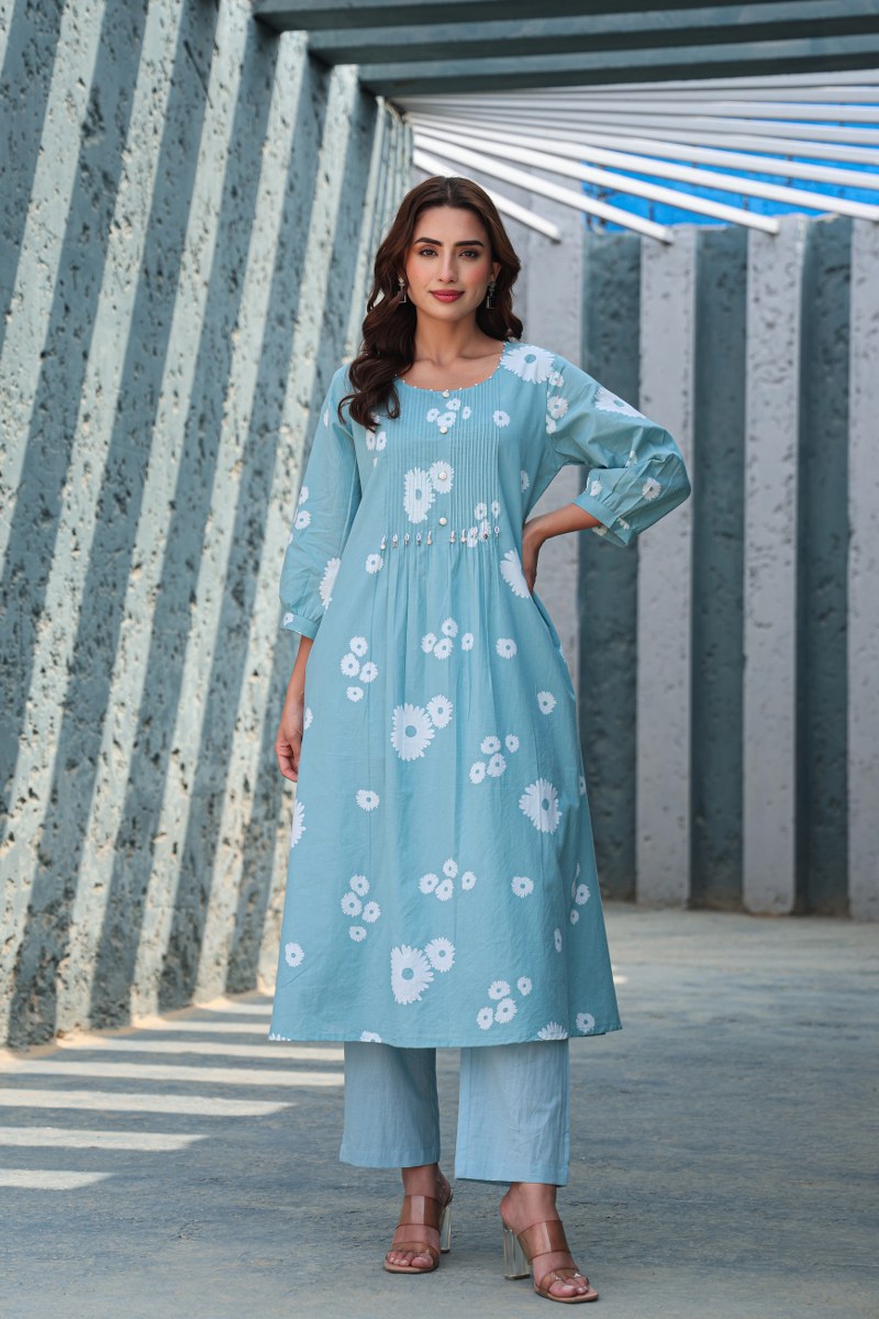 Blue Floral Printed Cotton Cord Set for Women