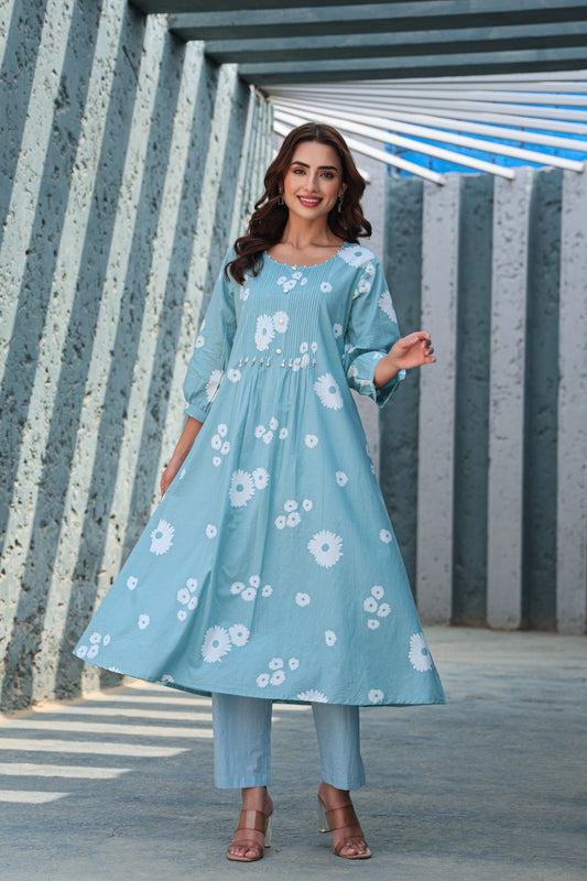 Blue Floral Printed Cotton Cord Set for Women