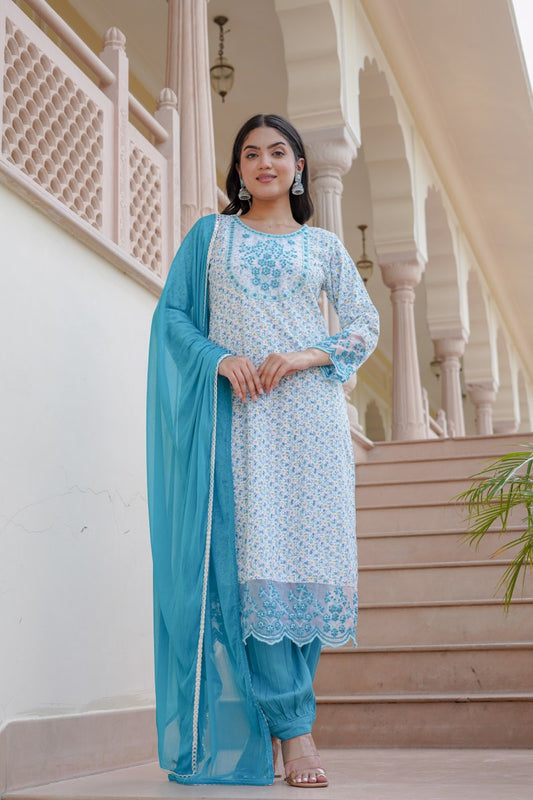 Sky Blue Floral Embroidered Cotton 3-Piece Kurta Set with Dupatta