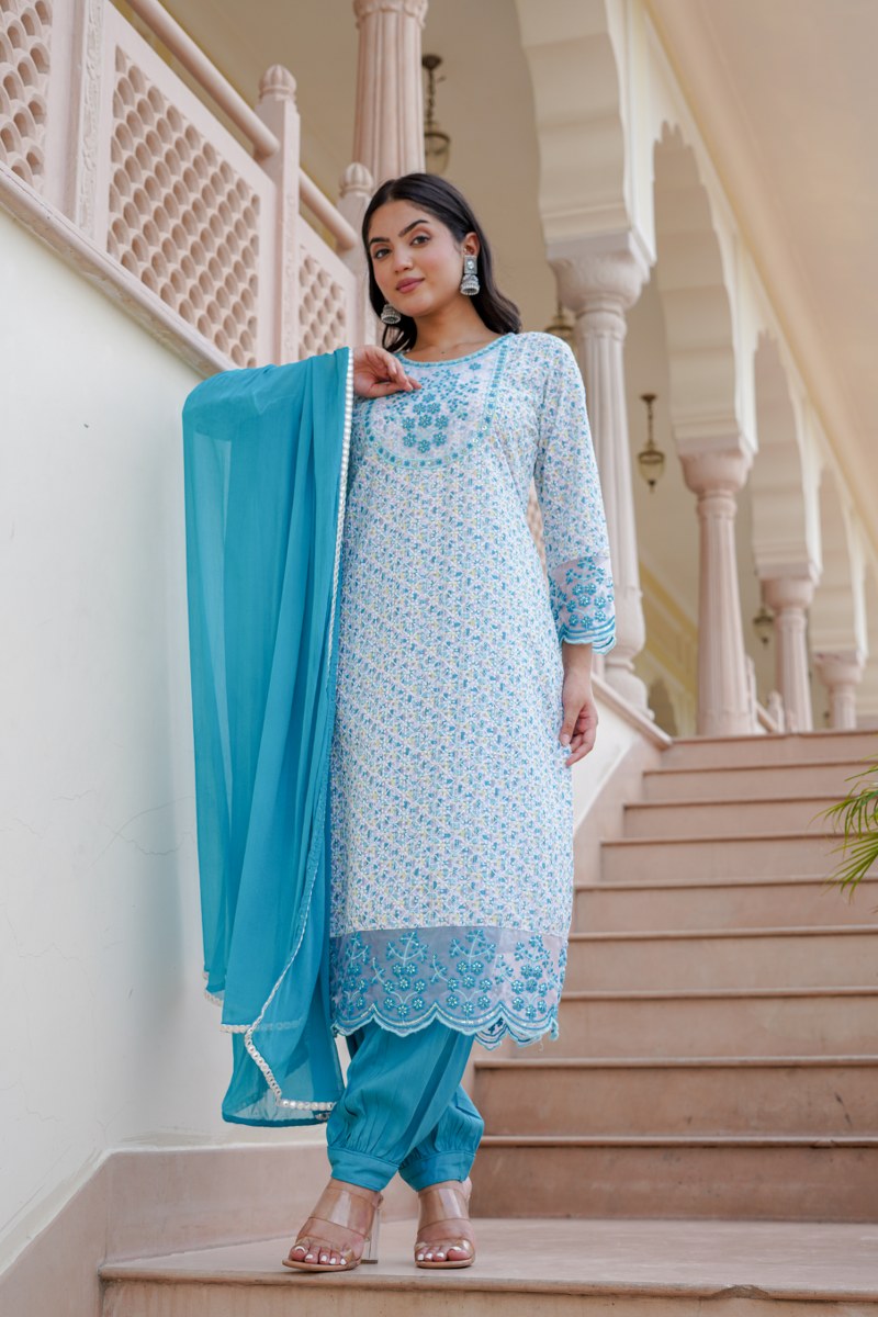 Sky Blue Floral Embroidered Cotton 3-Piece Kurta Set with Dupatta