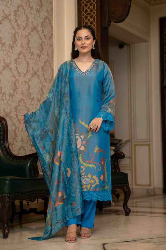 Royal Blue Embroidered Floral Muslin 3-Piece Kurta Set with Dupatta