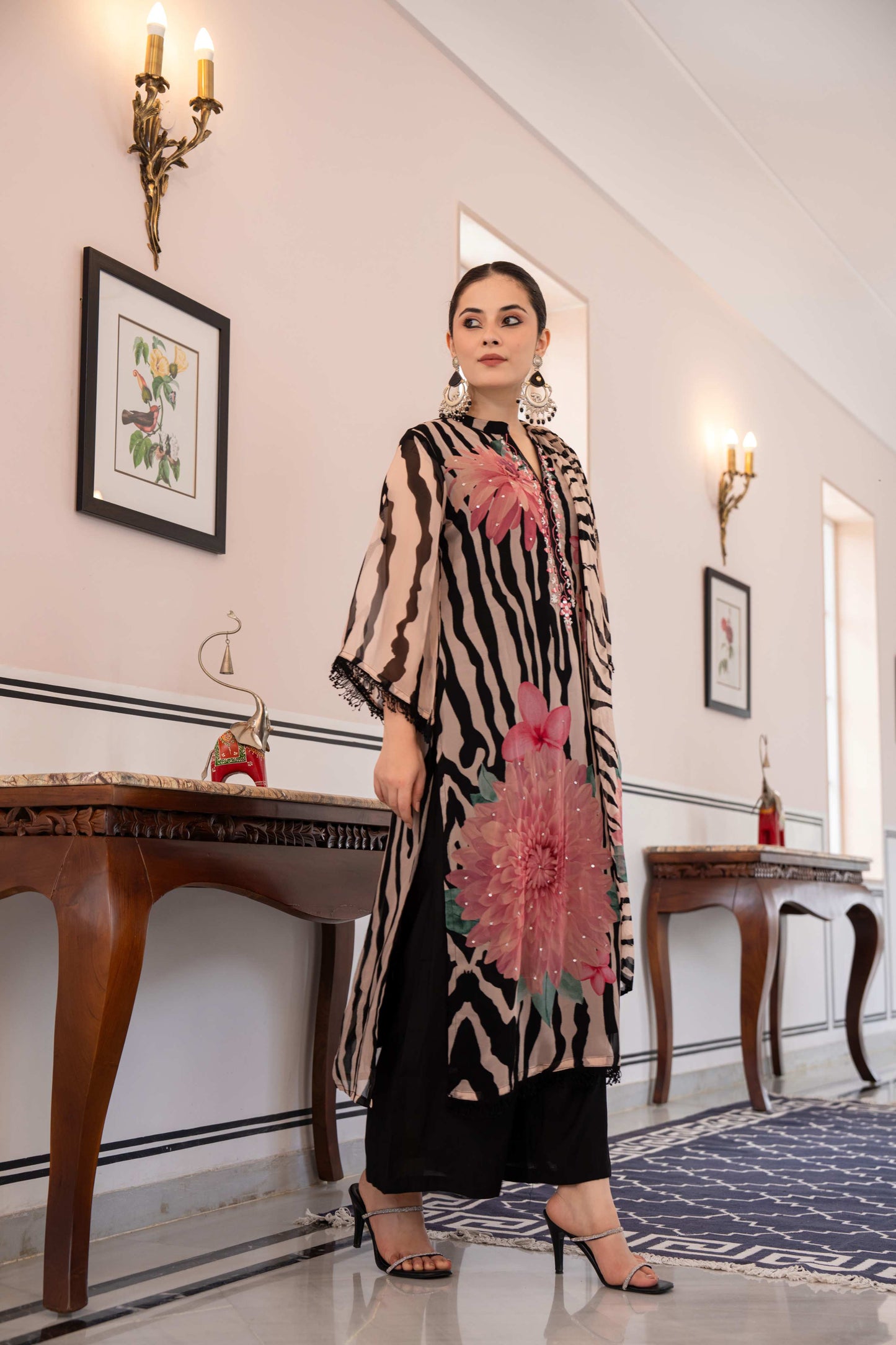 Zebra Floral Printed Organza 3-Piece Suit Set in Beige & Black