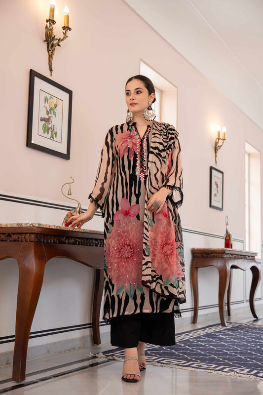 Zebra Floral Printed Organza 3-Piece Suit Set in Beige & Black