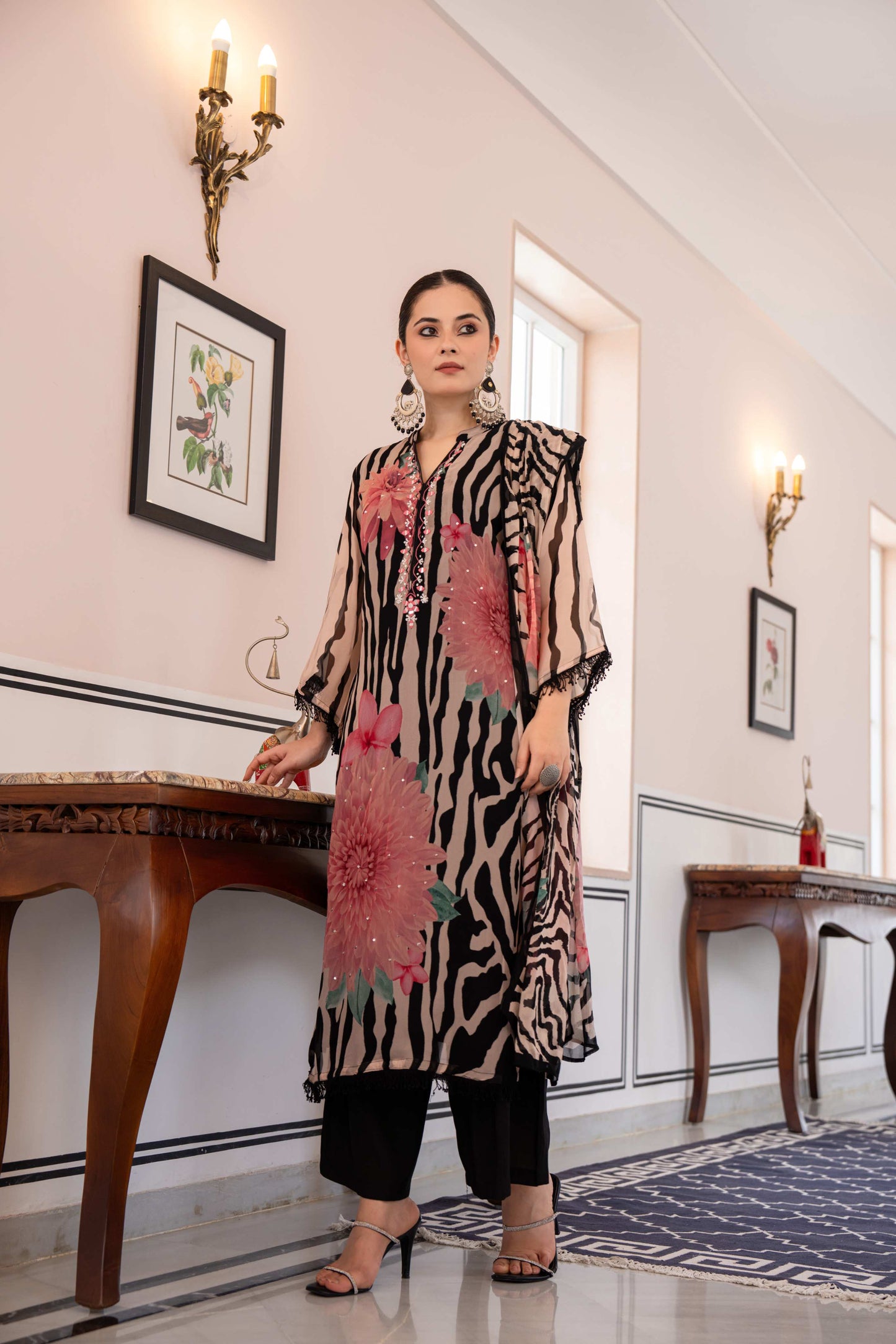 Zebra Floral Printed Organza 3-Piece Suit Set in Beige & Black