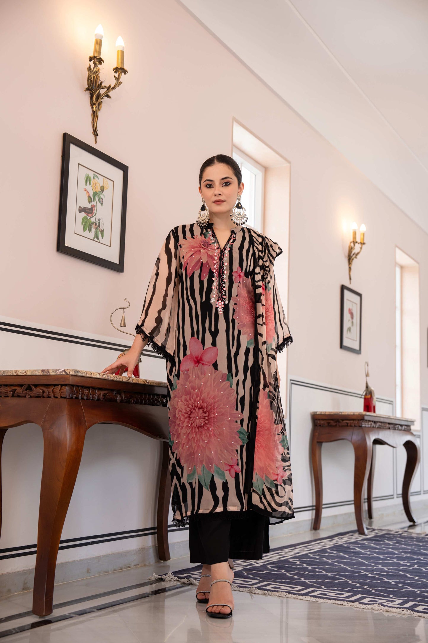 Zebra Floral Printed Organza 3-Piece Suit Set in Beige & Black