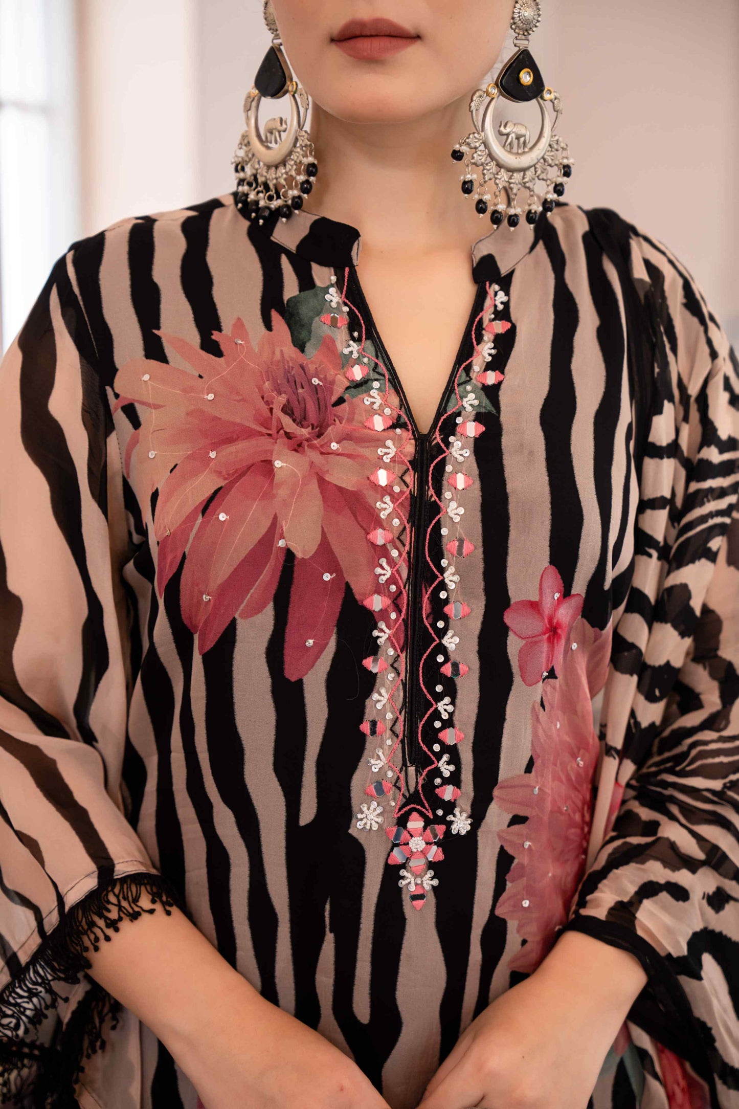 Zebra Floral Printed Organza 3-Piece Suit Set in Beige & Black