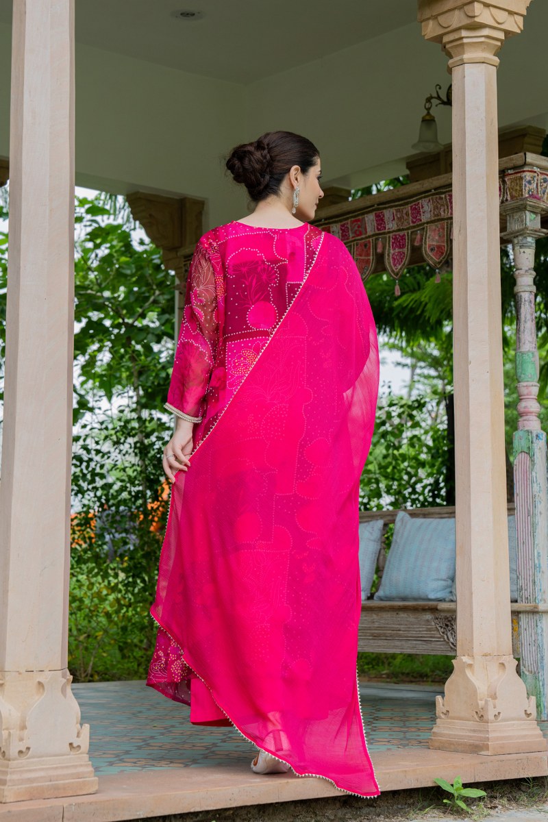 Hot Pink Bandhani-Style Organza 3-Piece Suit Set
