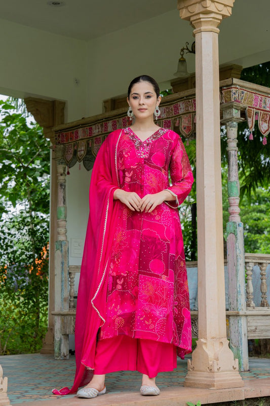 Hot Pink Bandhani-Style Organza 3-Piece Suit Set