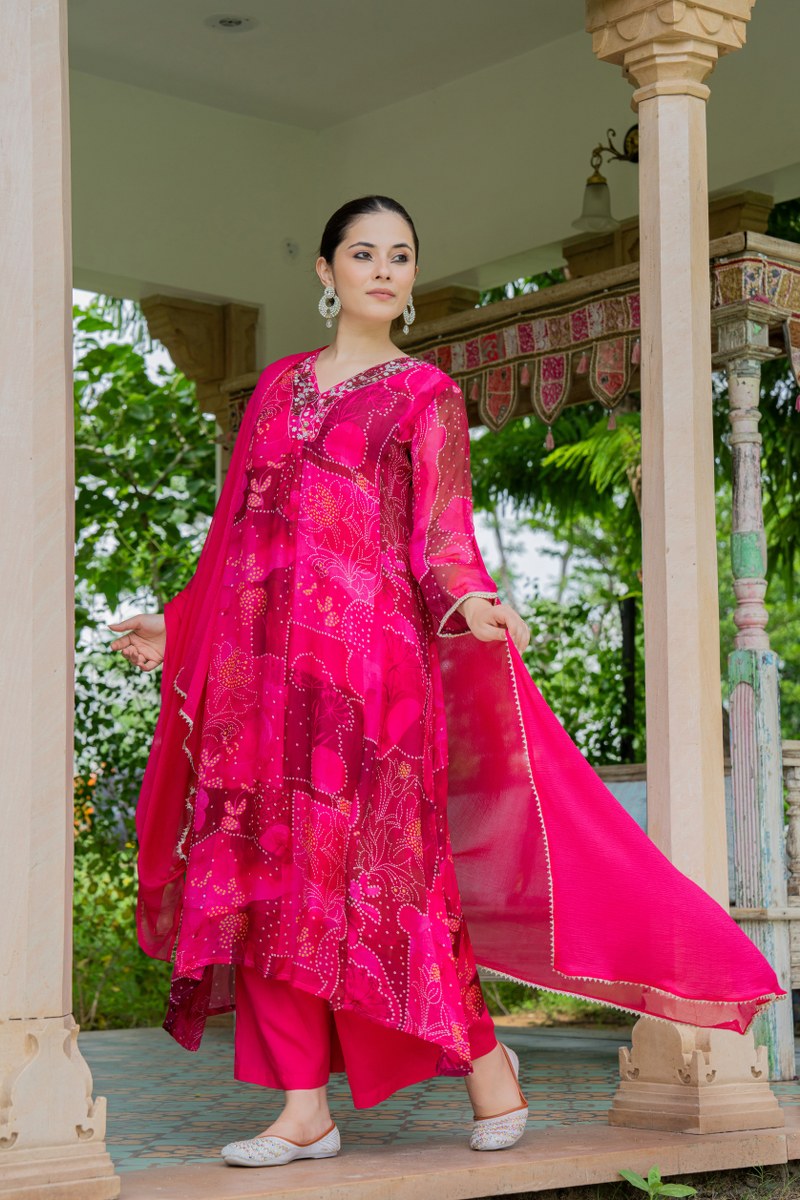 Hot Pink Bandhani-Style Organza 3-Piece Suit Set