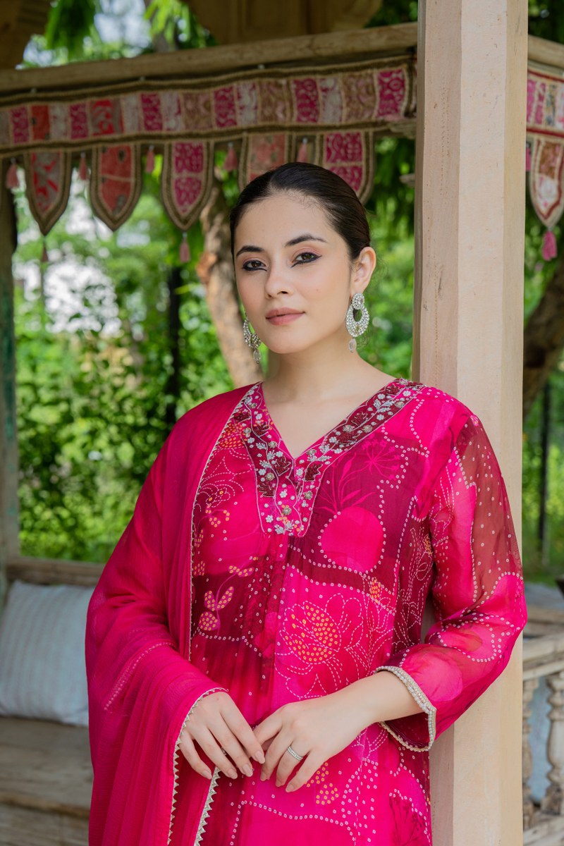 Hot Pink Bandhani-Style Organza 3-Piece Suit Set