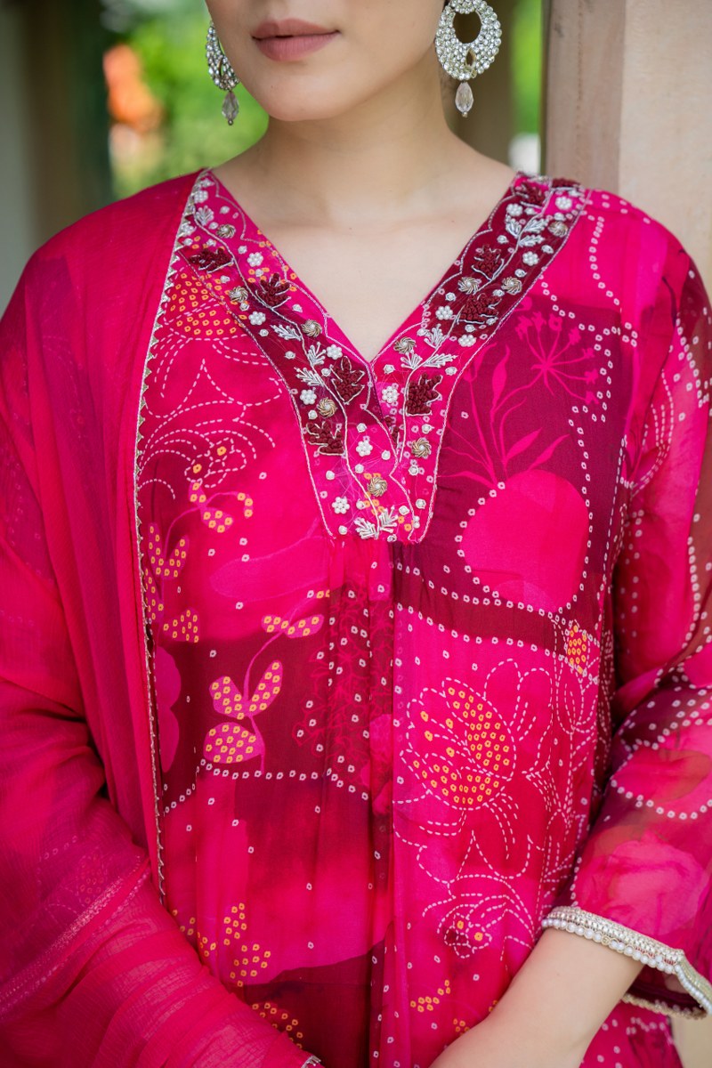 Hot Pink Bandhani-Style Organza 3-Piece Suit Set