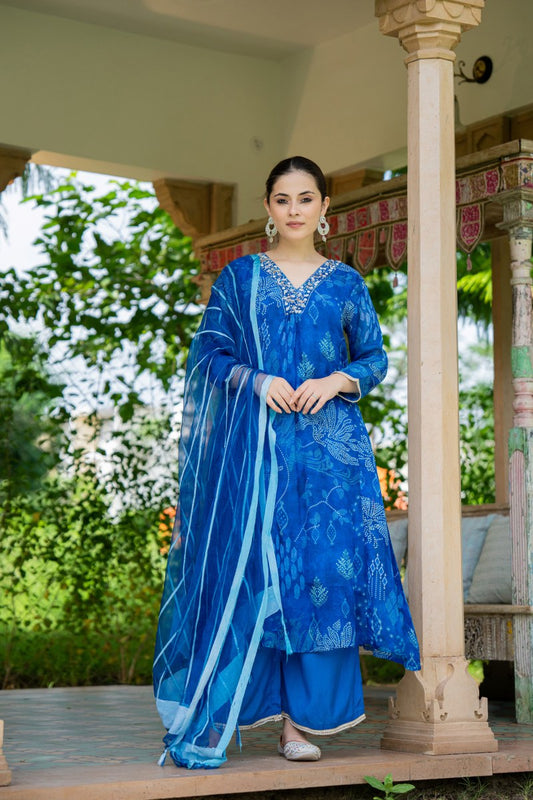 Royal Blue Bandhani-Inspired Printed Organza 3-Piece Kurta Set with Dupatta