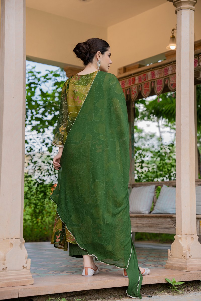 Olive Green Printed Organza 3-Piece Suit Set with Embellished Neckline