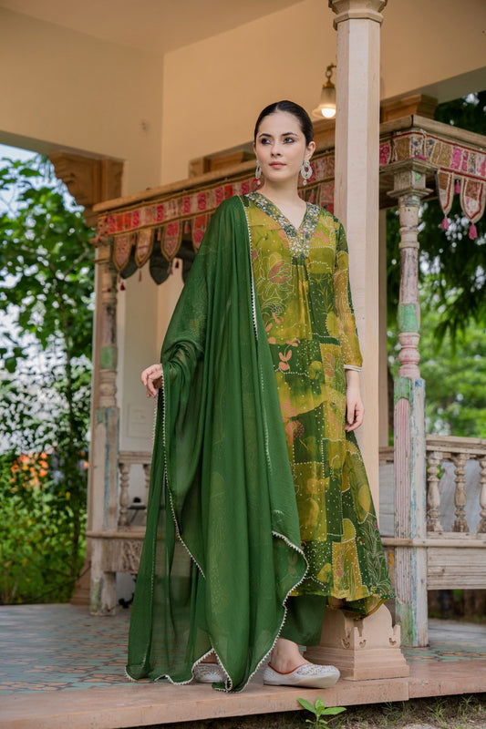 Olive Green Printed Organza 3-Piece Suit Set with Embellished Neckline