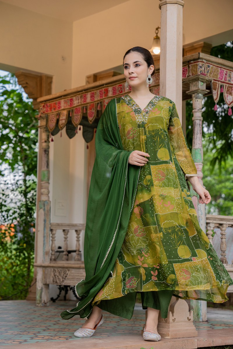 Olive Green Printed Organza 3-Piece Suit Set with Embellished Neckline
