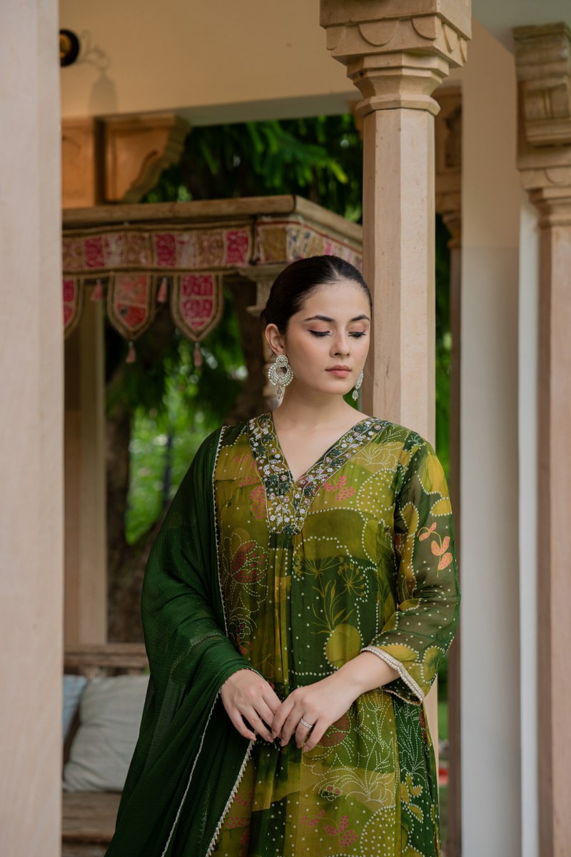 Olive Green Printed Organza 3-Piece Suit Set with Embellished Neckline