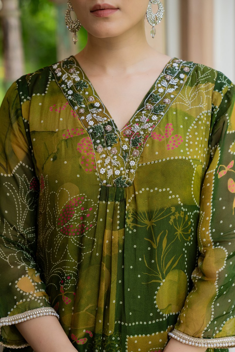 Olive Green Printed Organza 3-Piece Suit Set with Embellished Neckline