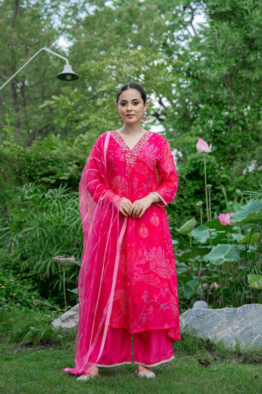 Rani Pink Bandhani-Style Organza 3-Piece Kurta Set with Dupatta