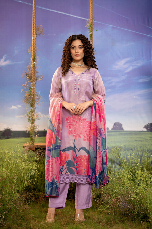 Lilac Bloom Muslin 3-Piece Kurta Set