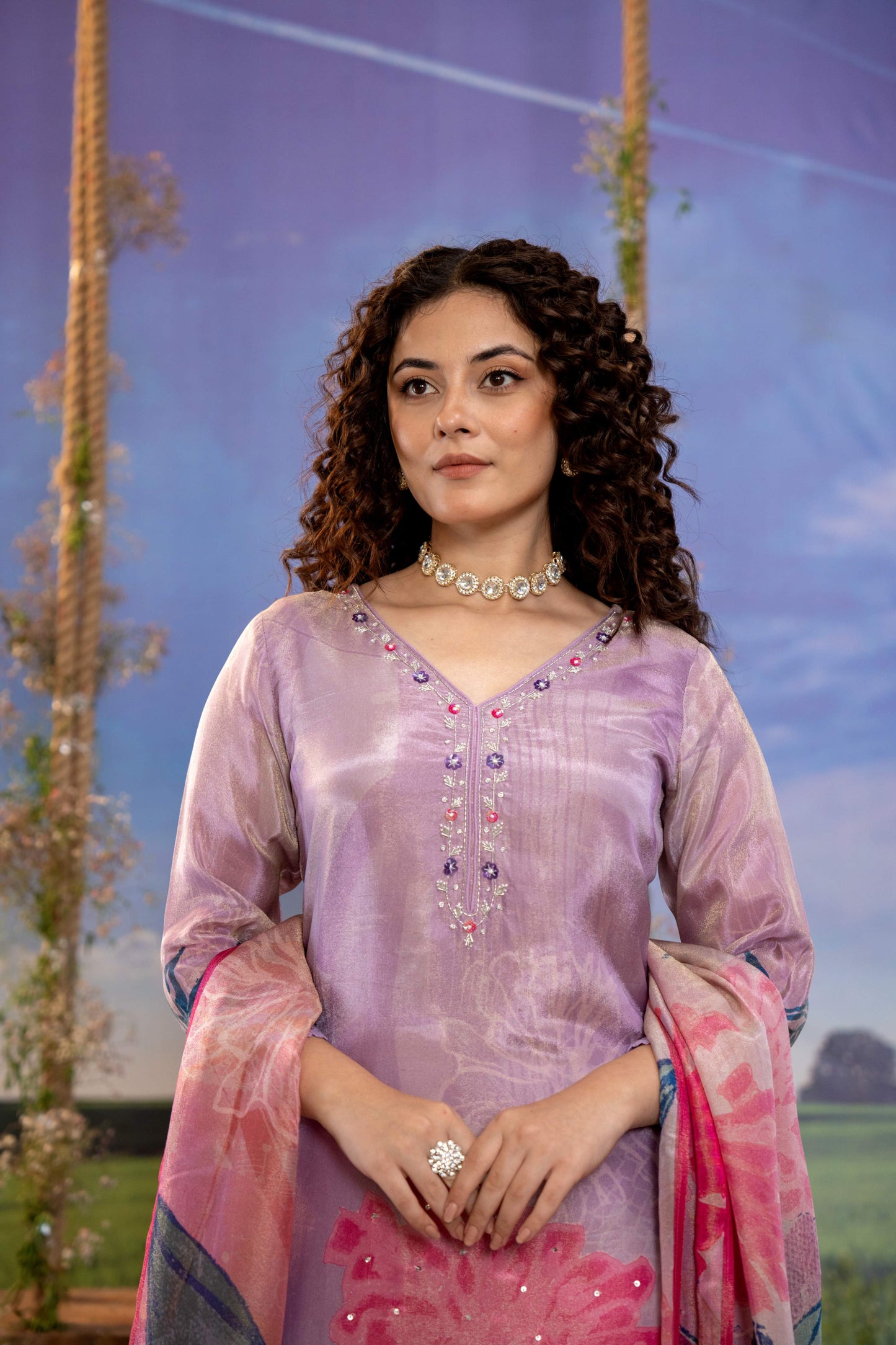 Lilac Bloom Muslin 3-Piece Kurta Set