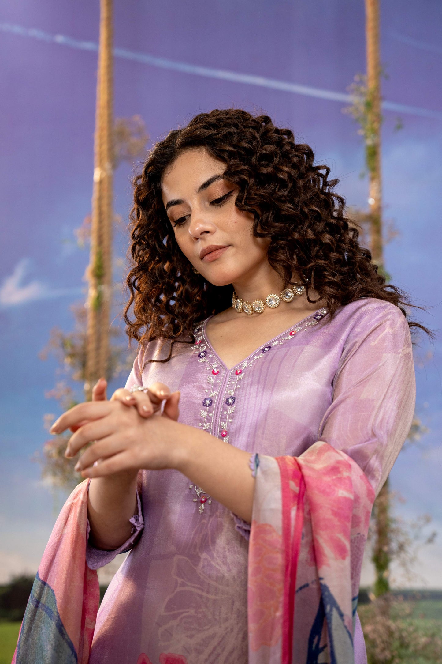 Lilac Bloom Muslin 3-Piece Kurta Set