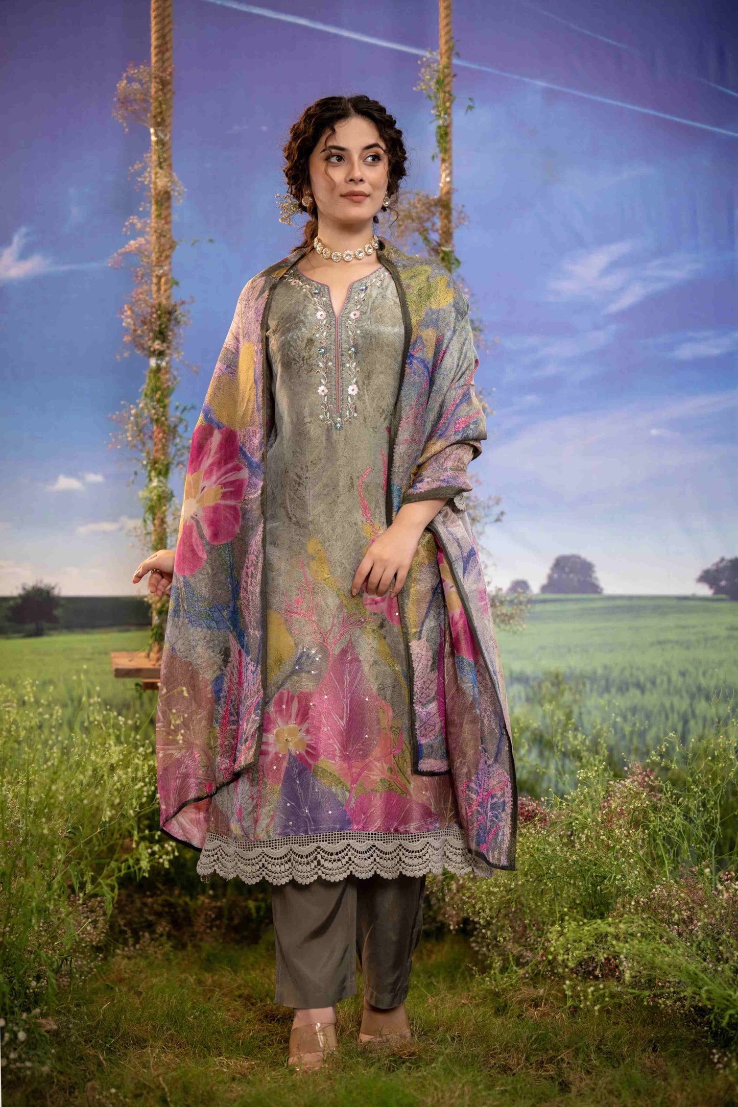 Botanic Mist Muslin 3-Piece Embroidered Suit Set